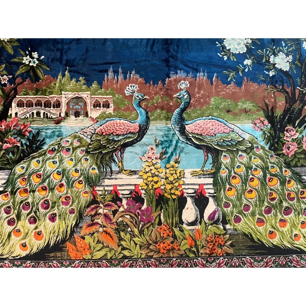 Vintage Turkish Velvet Peacock Tapestry Rug 1970s Wall Hanging 75x49 Boho Decor